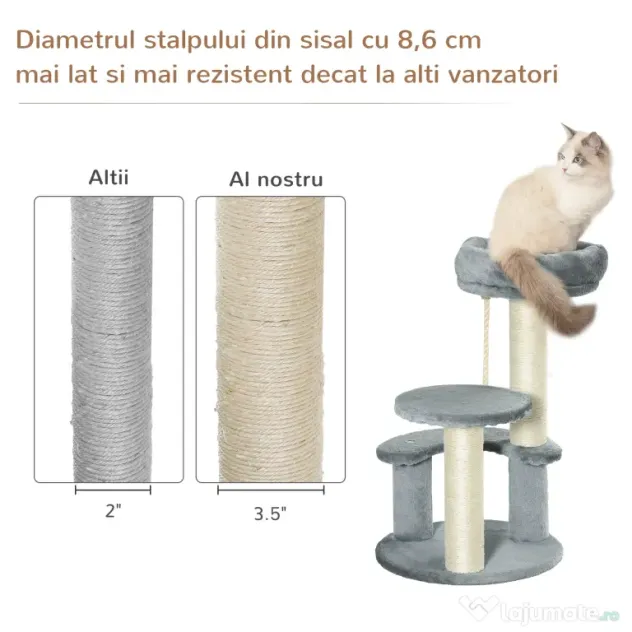 Copac pentru Pisici cu 3 Niveluri, 2 platforme si frânghie, din Plus, Sisal, Natural Gri Ф40x65cm PawHut | Aosom Romania