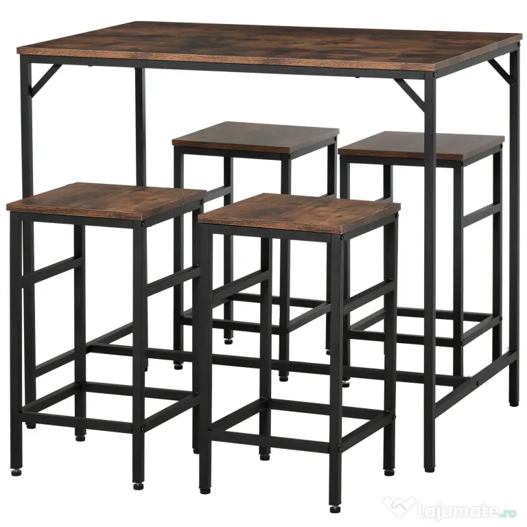 HOMCOM Masă Bar cu 4 Taburete, Stil Industrial, Picioare Antialunecare, Ideal pentru Bucătărie și bar, Maro, 100x60x88 cm | Aosom Romania