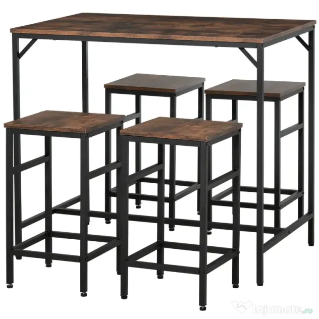 HOMCOM Masă Bar cu 4 Taburete, Stil Industrial, Picioare Antialunecare, Ideal pentru Bucătărie și bar, Maro, 100x60x88 cm | Aosom Romania