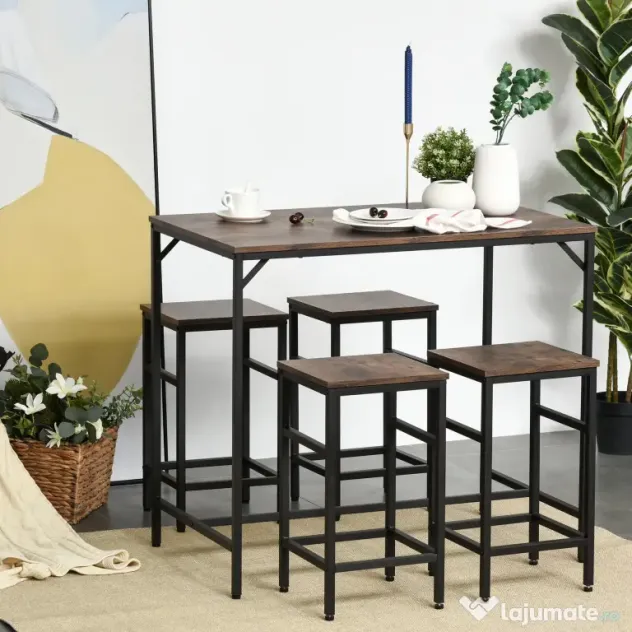 HOMCOM Masă Bar cu 4 Taburete, Stil Industrial, Picioare Antialunecare, Ideal pentru Bucătărie și bar, Maro, 100x60x88 cm | Aosom Romania