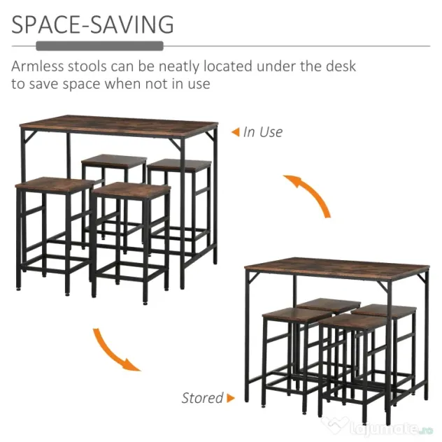 HOMCOM Masă Bar cu 4 Taburete, Stil Industrial, Picioare Antialunecare, Ideal pentru Bucătărie și bar, Maro, 100x60x88 cm | Aosom Romania