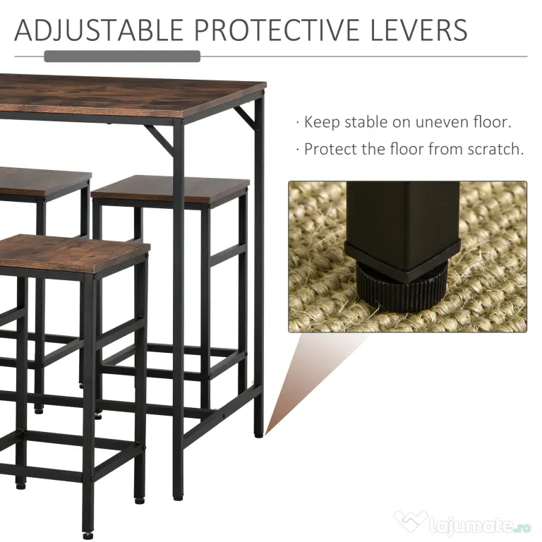 HOMCOM Masă Bar cu 4 Taburete, Stil Industrial, Picioare Antialunecare, Ideal pentru Bucătărie și bar, Maro, 100x60x88 cm | Aosom Romania