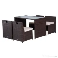 Outsunny Set Mobilier Grădină Ratan 5 Piese, Masă Prânz, 4 Scaune Terasă, Perne Incluse, Maro | Aosom Romania 