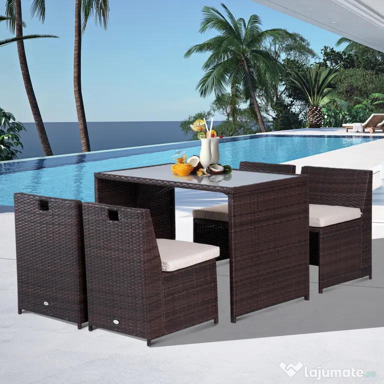 Outsunny Set Mobilier Grădină Ratan 5 Piese, Masă Prânz, 4 Scaune Terasă, Perne Incluse, Maro | Aosom Romania