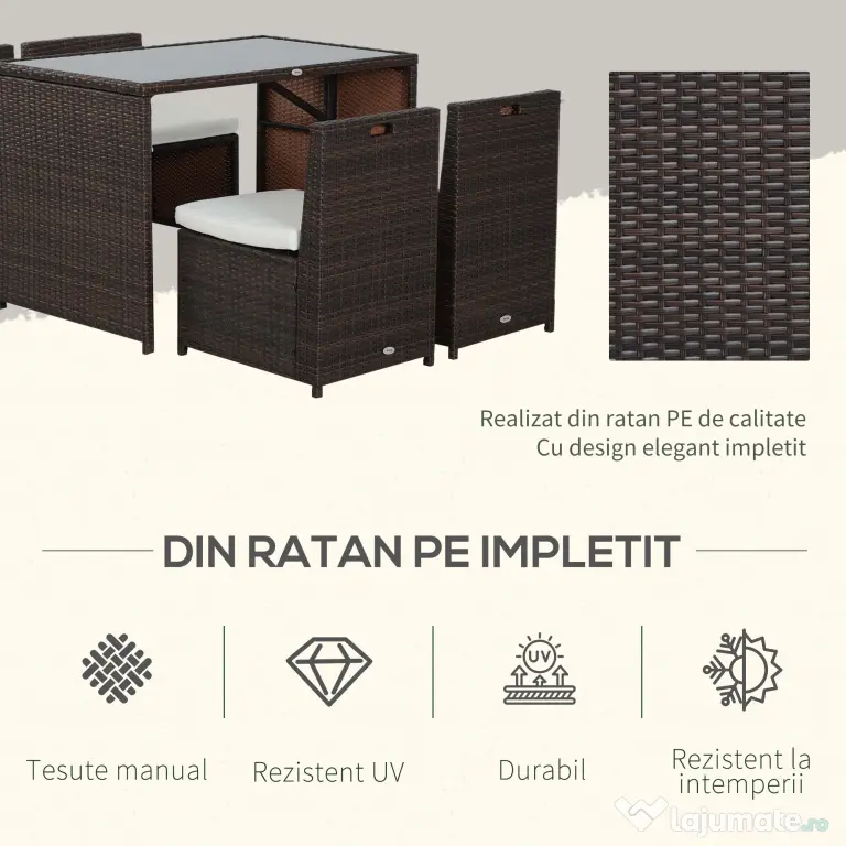 Outsunny Set Mobilier Grădină Ratan 5 Piese, Masă Prânz, 4 Scaune Terasă, Perne Incluse, Maro | Aosom Romania
