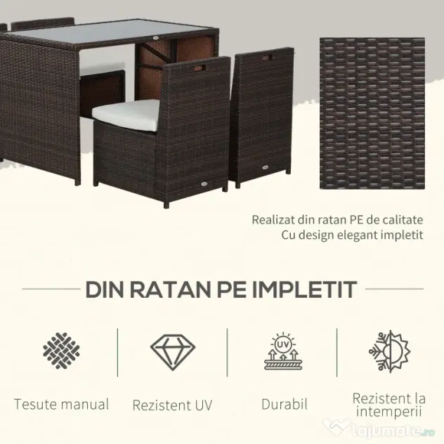 Outsunny Set Mobilier Grădină Ratan 5 Piese, Masă Prânz, 4 Scaune Terasă, Perne Incluse, Maro | Aosom Romania