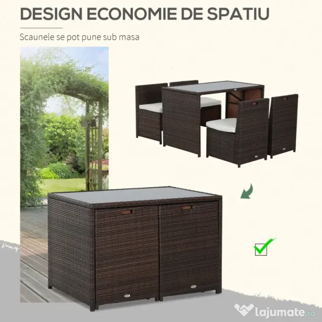 Outsunny Set Mobilier Grădină Ratan 5 Piese, Masă Prânz, 4 Scaune Terasă, Perne Incluse, Maro | Aosom Romania