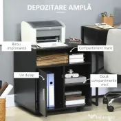 HOMCOM Suport de imprimantă organizator birou dulap ușă 3 nișe + blat mare panouri particule negru