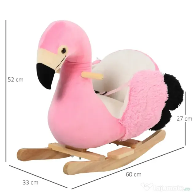 HOMCOM Balansoar Flamingo pentru Copii, Leagăn Moale din Pluș pe Structură de Lemn, Jucărie Interactivă 60x33x52cm Roz | Aosom Romania
