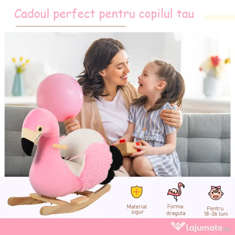 HOMCOM Balansoar Flamingo pentru Copii, Leagăn Moale din Pluș pe Structură de Lemn, Jucărie Interactivă 60x33x52cm Roz | Aosom Romania