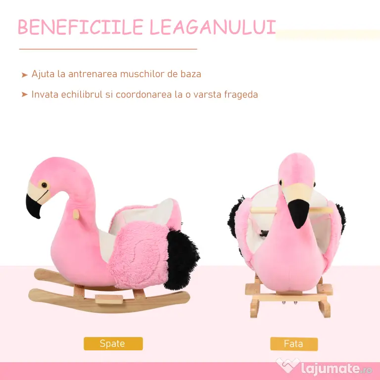 HOMCOM Balansoar Flamingo pentru Copii, Leagăn Moale din Pluș pe Structură de Lemn, Jucărie Interactivă 60x33x52cm Roz | Aosom Romania