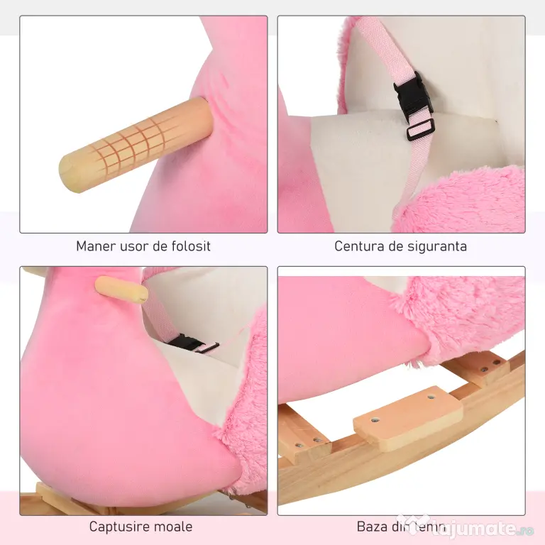 HOMCOM Balansoar Flamingo pentru Copii, Leagăn Moale din Pluș pe Structură de Lemn, Jucărie Interactivă 60x33x52cm Roz | Aosom Romania
