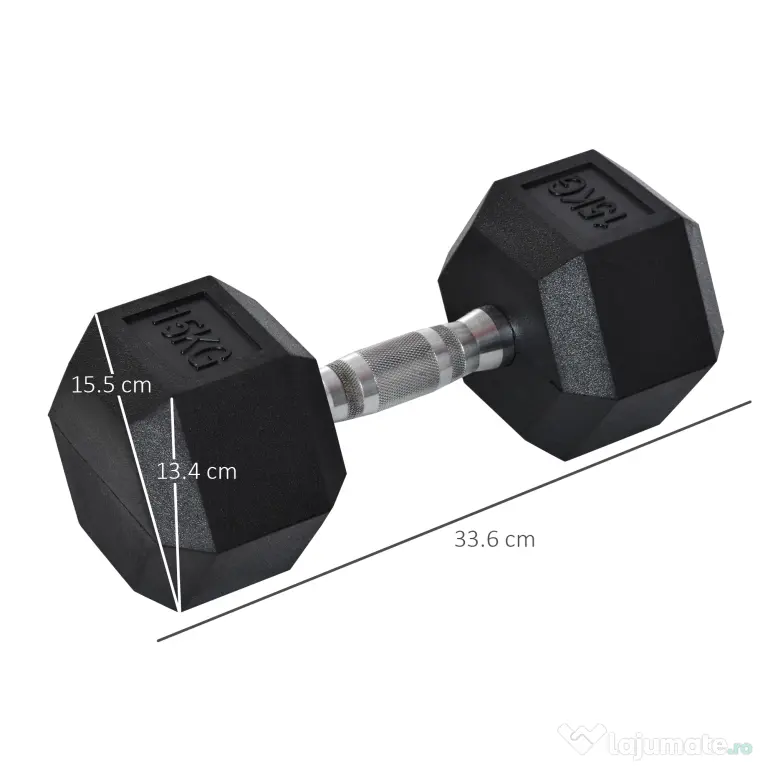 HOMCOM Ganteră Hexagonală de 15 kg, cu Prindere Antiderapanta, Greutate pentru Brațe din Oțel și Cauciuc, Ø15.5x33.6 cm, Negru | Aosom Romania