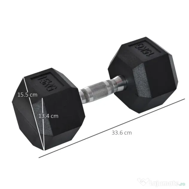 HOMCOM Ganteră Hexagonală de 15 kg, cu Prindere Antiderapanta, Greutate pentru Brațe din Oțel și Cauciuc, Ø15.5x33.6 cm, Negru | Aosom Romania