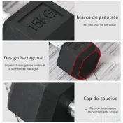 HOMCOM Ganteră Hexagonală de 15 kg, cu Prindere Antiderapanta, Greutate pentru Brațe din Oțel și Cauciuc, Ø15.5x33.6 cm, Negru | Aosom Romania 