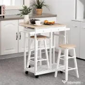 Masa pliabila cu 2 scaune si 4 roti, set masa cu 2 scaune 83,5x74x83cm alb si lemn HOMCOM | Aosom Romania 