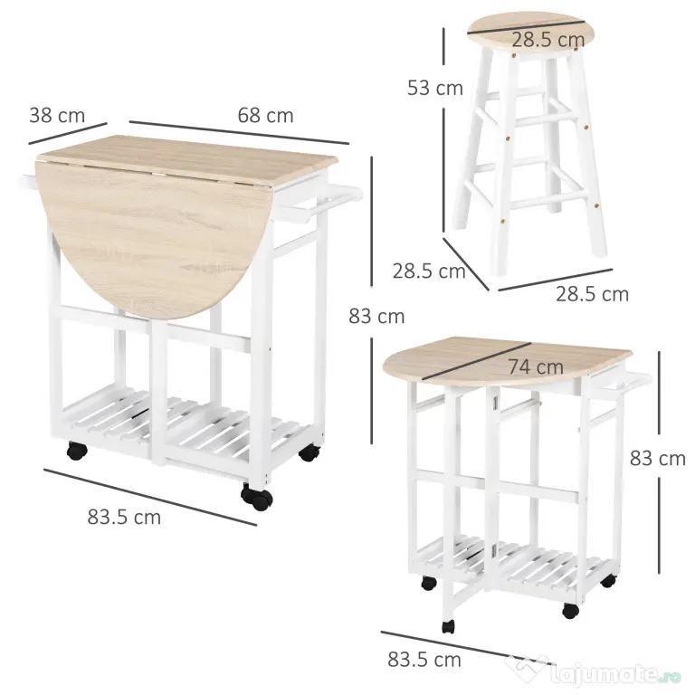 Masa pliabila cu 2 scaune si 4 roti, set masa cu 2 scaune 83,5x74x83cm alb si lemn HOMCOM | Aosom Romania