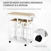 Masa pliabila cu 2 scaune si 4 roti, set masa cu 2 scaune 83,5x74x83cm alb si lemn HOMCOM | Aosom Romania 