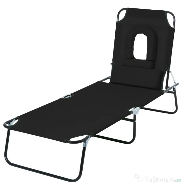 Sezlong Pliabil Outsunny cu Orificiu pentru Fata si Perne, pentru Gradina, Plaja si Camping, Negru | Aosom Romania