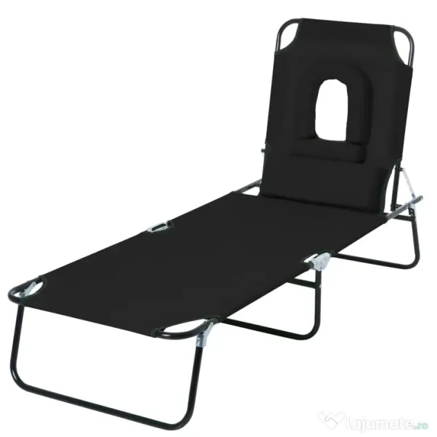 Sezlong Pliabil Outsunny cu Orificiu pentru Fata si Perne, pentru Gradina, Plaja si Camping, Negru | Aosom Romania