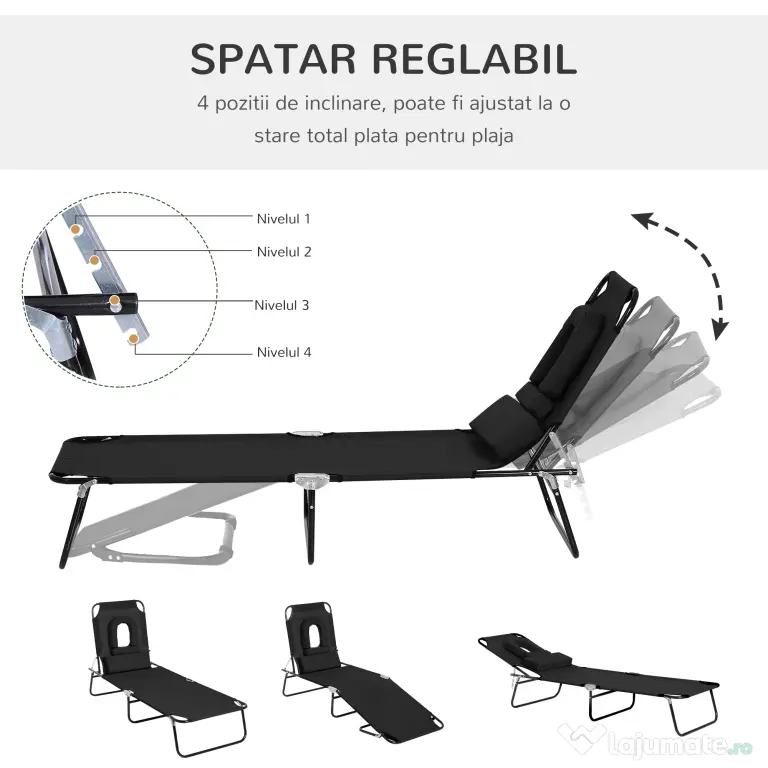 Sezlong Pliabil Outsunny cu Orificiu pentru Fata si Perne, pentru Gradina, Plaja si Camping, Negru | Aosom Romania