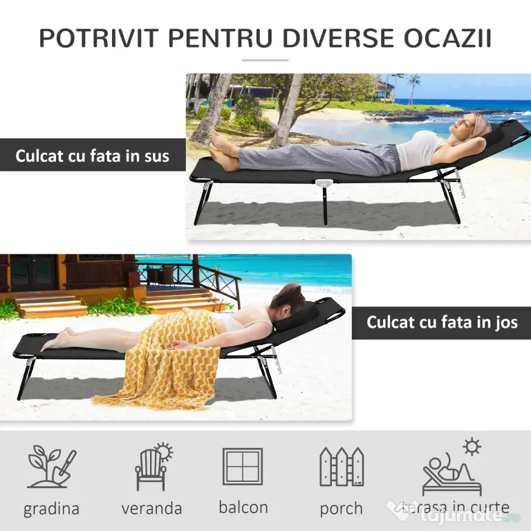 Sezlong Pliabil Outsunny cu Orificiu pentru Fata si Perne, pentru Gradina, Plaja si Camping, Negru | Aosom Romania