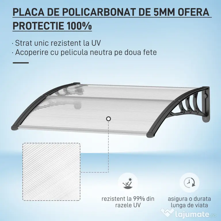 Outsunny Copertină de Exterior pentru Uși și Ferestre 75x100 cm, Protecție Solară și împotriva Ploii, cu Suport din Aluminiu, Transparentă | Aosom Romania