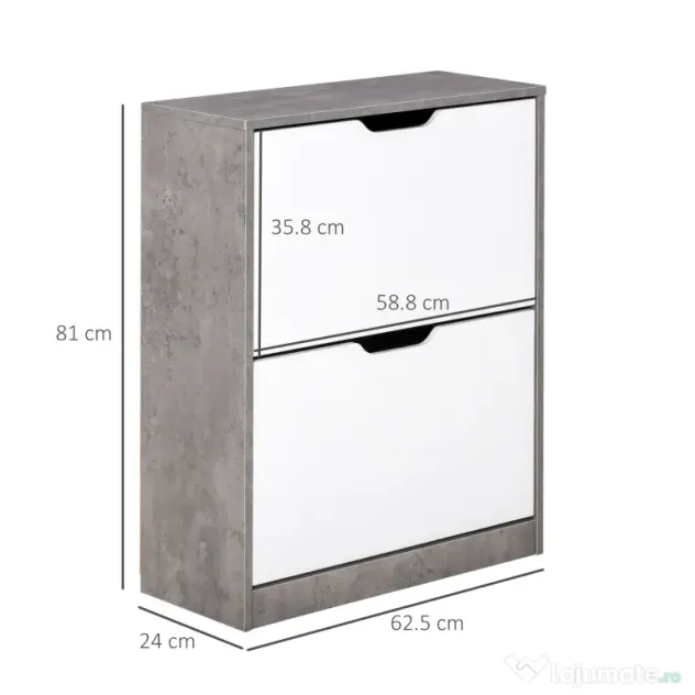HOMCOM Dulap Pantofi cu 2 Uși, pentru 8 Perechi, Polițe Reglabile, Economisire Spațiu, Gri/Alb, 62,5x24x81 cm | Aosom Romania