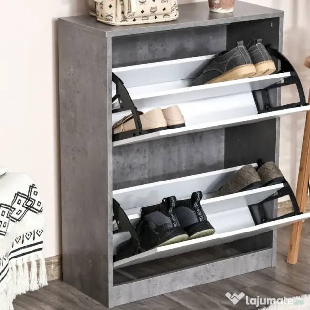 HOMCOM Dulap Pantofi cu 2 Uși, pentru 8 Perechi, Polițe Reglabile, Economisire Spațiu, Gri/Alb, 62,5x24x81 cm | Aosom Romania