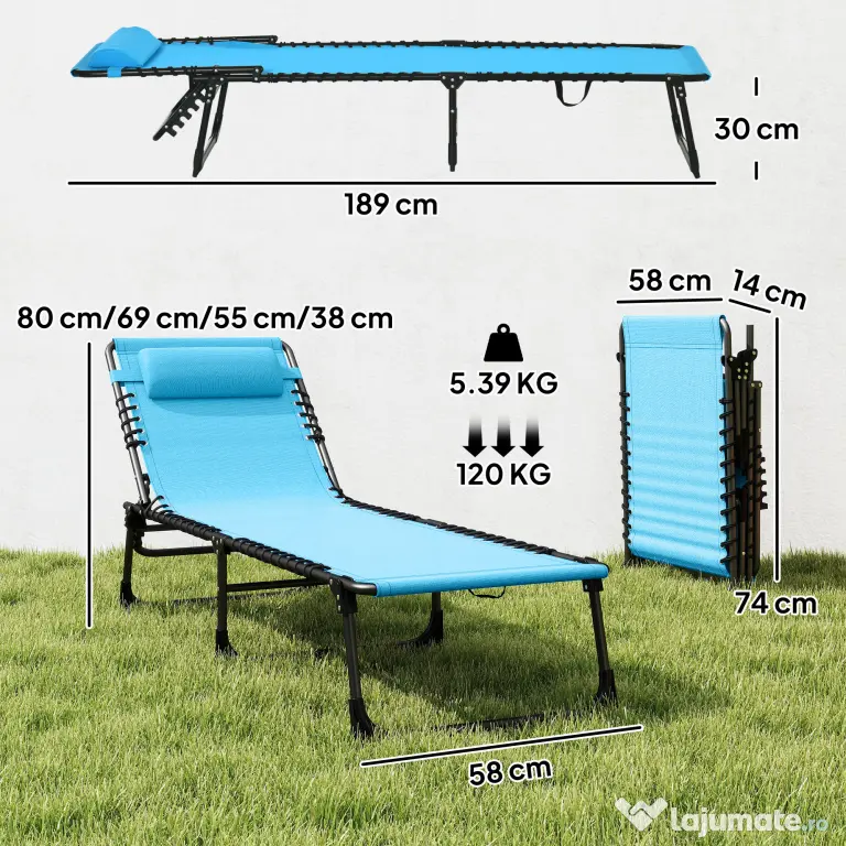 Outsunny Șezlong de Plajă Reclinabil în 3 Poziții - Alb Crem | Aosom Romania