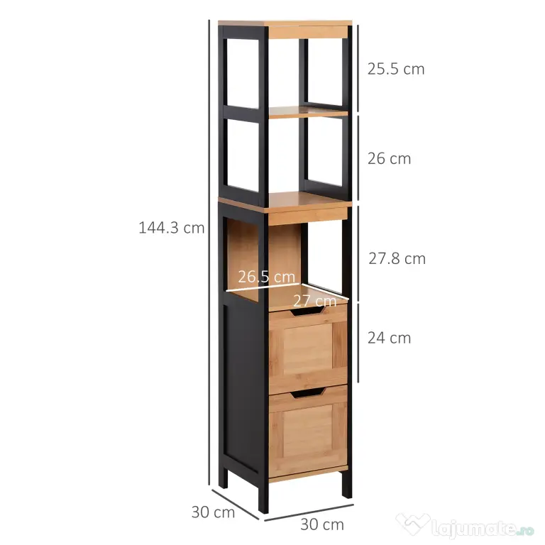 Kleankin Dulap Baie Multifuncțional 2 Sertare 3 Compartimente Lemn MDF Bambus 30x30x144.3cm Culoare Lemn | Aosom Romania