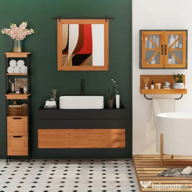 Kleankin Dulap Baie Multifuncțional 2 Sertare 3 Compartimente Lemn MDF Bambus 30x30x144.3cm Culoare Lemn | Aosom Romania