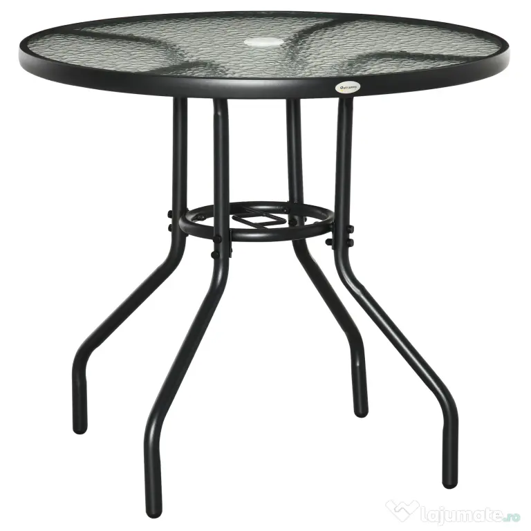 Outsunny Masă de Grădină Rotundă 80 cm cu Orificiu pentru Umbrelă, Masă de Cafea pentru Exterior cu Blat din Sticlă Temperată, Cadru Metalic, pentru Terasă, Balcon, Negru | Aosom Romania