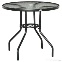 Outsunny Masă de Grădină Rotundă 80 cm cu Orificiu pentru Umbrelă, Masă de Cafea pentru Exterior cu Blat din Sticlă Temperată, Cadru Metalic, pentru Terasă, Balcon, Negru | Aosom Romania