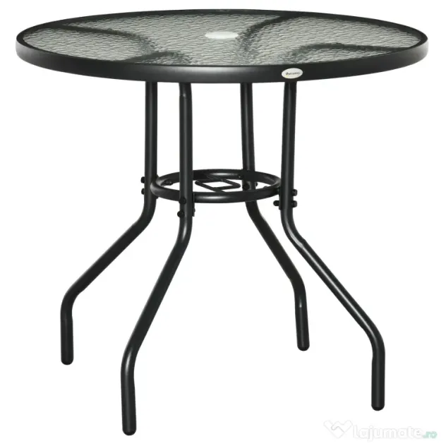 Outsunny Masă de Grădină Rotundă 80 cm cu Orificiu pentru Umbrelă, Masă de Cafea pentru Exterior cu Blat din Sticlă Temperată, Cadru Metalic, pentru Terasă, Balcon, Negru | Aosom Romania