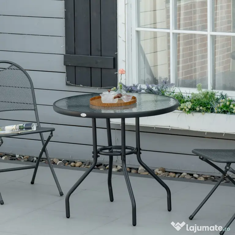 Outsunny Masă de Grădină Rotundă 80 cm cu Orificiu pentru Umbrelă, Masă de Cafea pentru Exterior cu Blat din Sticlă Temperată, Cadru Metalic, pentru Terasă, Balcon, Negru | Aosom Romania