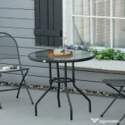 Outsunny Masă de Grădină Rotundă 80 cm cu Orificiu pentru Umbrelă, Masă de Cafea pentru Exterior cu Blat din Sticlă Temperată, Cadru Metalic, pentru Terasă, Balcon, Negru | Aosom Romania