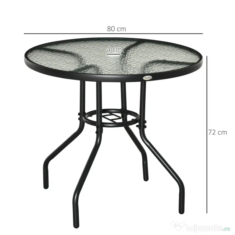 Outsunny Masă de Grădină Rotundă 80 cm cu Orificiu pentru Umbrelă, Masă de Cafea pentru Exterior cu Blat din Sticlă Temperată, Cadru Metalic, pentru Terasă, Balcon, Negru | Aosom Romania