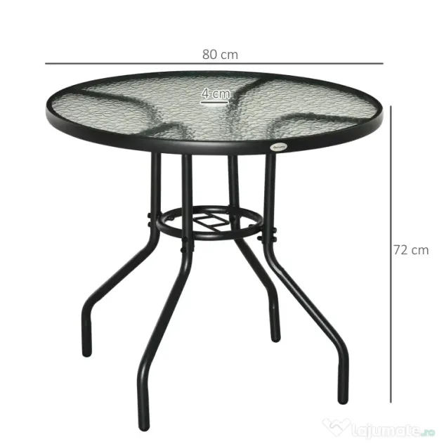 Outsunny Masă de Grădină Rotundă 80 cm cu Orificiu pentru Umbrelă, Masă de Cafea pentru Exterior cu Blat din Sticlă Temperată, Cadru Metalic, pentru Terasă, Balcon, Negru | Aosom Romania