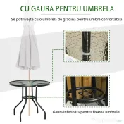 Outsunny Masă de Grădină Rotundă 80 cm cu Orificiu pentru Umbrelă, Masă de Cafea pentru Exterior cu Blat din Sticlă Temperată, Cadru Metalic, pentru Terasă, Balcon, Negru | Aosom Romania
