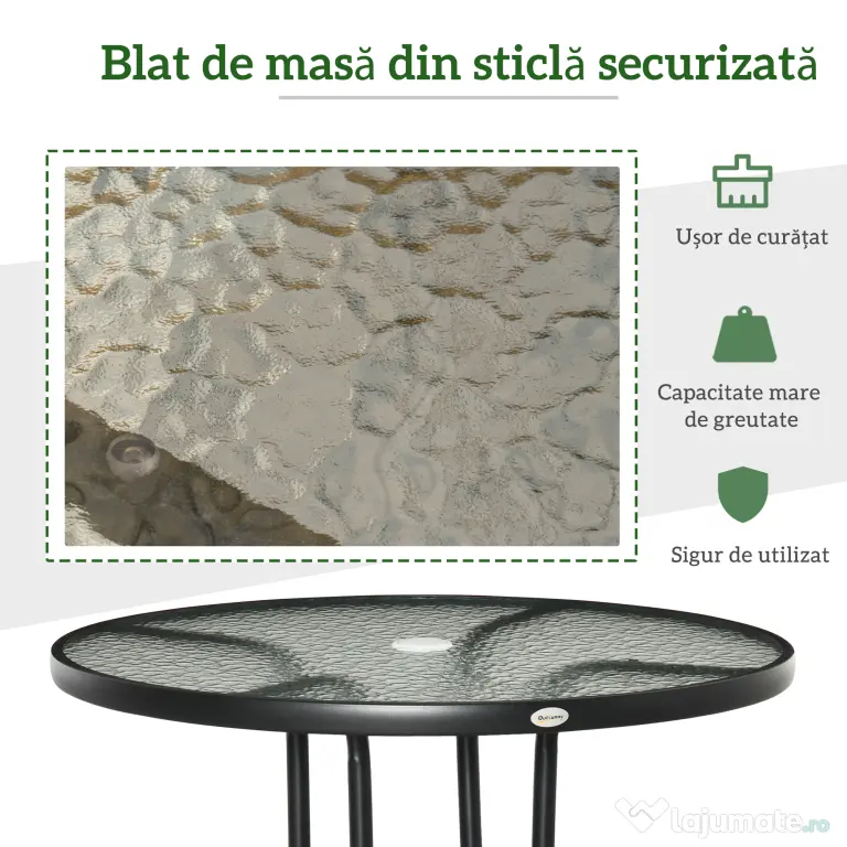 Outsunny Masă de Grădină Rotundă 80 cm cu Orificiu pentru Umbrelă, Masă de Cafea pentru Exterior cu Blat din Sticlă Temperată, Cadru Metalic, pentru Terasă, Balcon, Negru | Aosom Romania