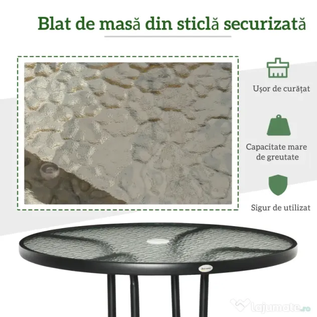 Outsunny Masă de Grădină Rotundă 80 cm cu Orificiu pentru Umbrelă, Masă de Cafea pentru Exterior cu Blat din Sticlă Temperată, Cadru Metalic, pentru Terasă, Balcon, Negru | Aosom Romania
