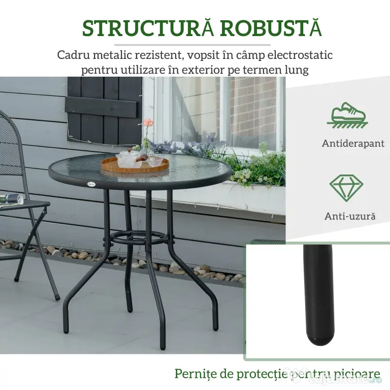 Outsunny Masă de Grădină Rotundă 80 cm cu Orificiu pentru Umbrelă, Masă de Cafea pentru Exterior cu Blat din Sticlă Temperată, Cadru Metalic, pentru Terasă, Balcon, Negru | Aosom Romania
