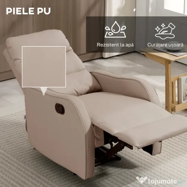 HOMCOM Fotoliu Reclinabil 160° cu Suport pentru Picioare, din Piele PU, Lemn și Oțel, 65x89x100 cm, Maro Deschis | Aosom Romania