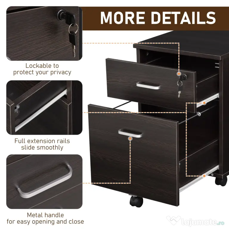 Vinsetto Dulap cu Sertare, 2 sertare si 5 roti, dulap Birou Compact pentru Documente , 40x44x54.6cm, Design Modern | Aosom Romania