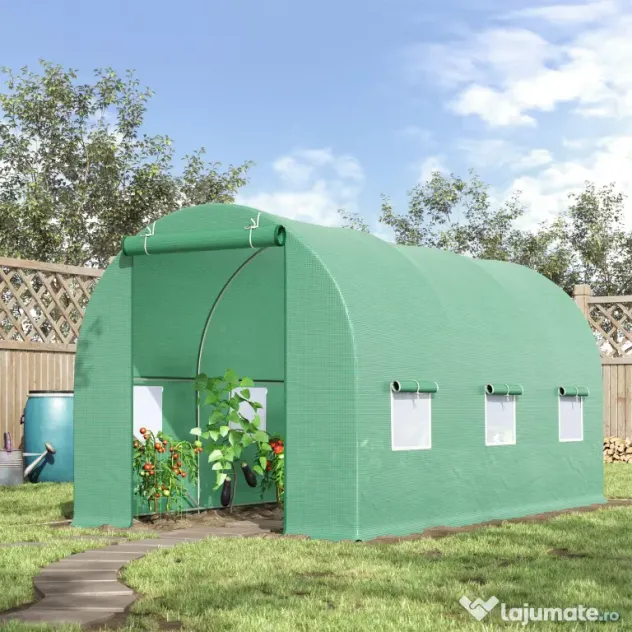 Outsunny Seră de Grădină, Tunel de Grădină cu Acoperiș Rotunjit, din PE și Metal, 4.45x1.9x2 m, Verde