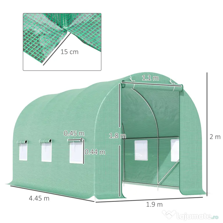 Outsunny Seră de Grădină, Tunel de Grădină cu Acoperiș Rotunjit, din PE și Metal, 4.45x1.9x2 m, Verde