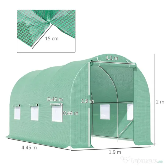Outsunny Seră de Grădină, Tunel de Grădină cu Acoperiș Rotunjit, din PE și Metal, 4.45x1.9x2 m, Verde