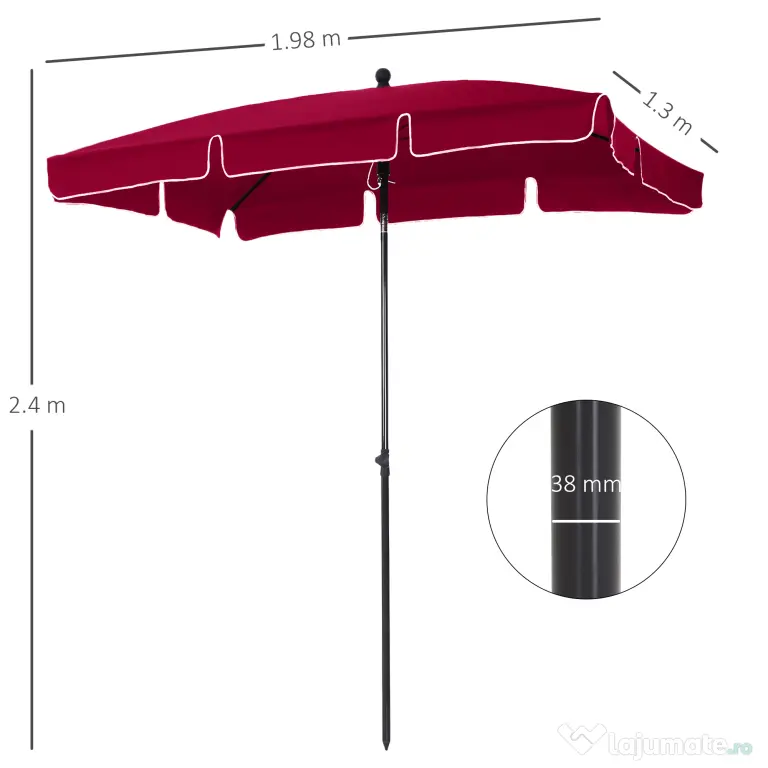 Outsunny Umbrelă de Grădină Dreptunghiulară cu Înălțime Reglabilă, Cadru din Aluminiu, 200x125x235cm, Roșu | Aosom Romania