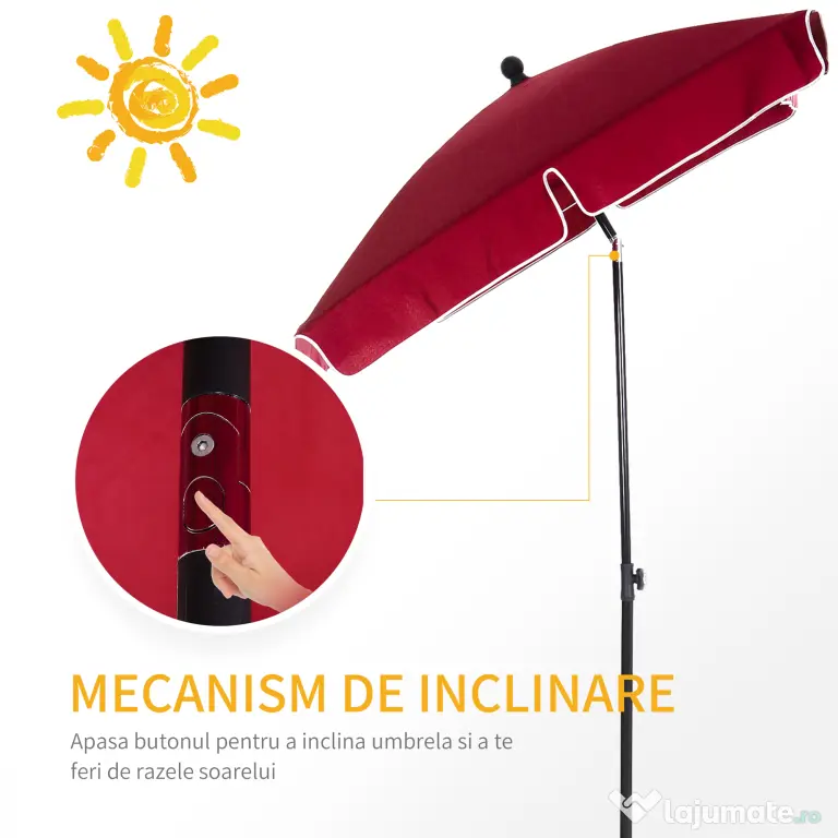 Outsunny Umbrelă de Grădină Dreptunghiulară cu Înălțime Reglabilă, Cadru din Aluminiu, 200x125x235cm, Roșu | Aosom Romania